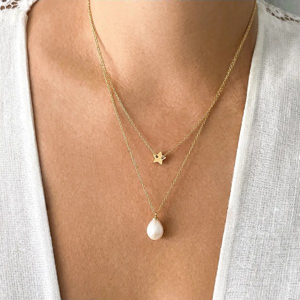14K Gold Plated Star & Baroque Pearl Layered Necklace