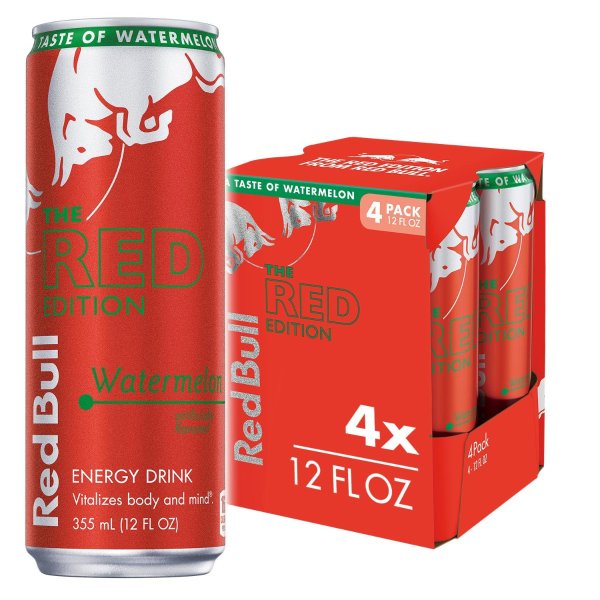 (4 Cans) Red Bull Energy Drink, Watermelon, Red Edition, 12 Fl Oz