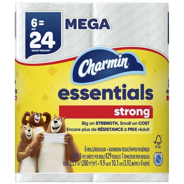 Essentials Strong Toilet Paper Mega Rolls 6 Mega Rolls White