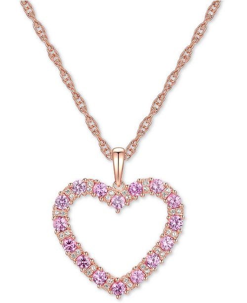 Pink Sapphire (1-1/5 ct. t.w.) & Diamond (1/10 ct. t.w.) Open Heart 18" Pendant Necklace in 14k Rose Gold