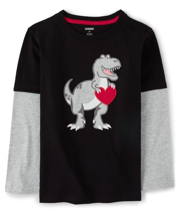 Boys Long Sleeve Embroidered Dino 2 In 1 Top - Valentine Cutie