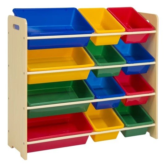 4-Tier Kids Wood Toy Storage Organizer Rack w/ 12 Bins