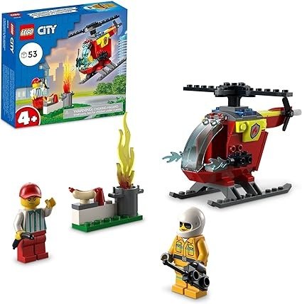 City Fire Helicopter 60318 Building Kit for Kids Aged 4+; Includes Firefighter and Vendor Minifigures with Accessories, Including Toy Walkie-Talkie, Bread and 2 Hotdog Elements (53 Pieces)