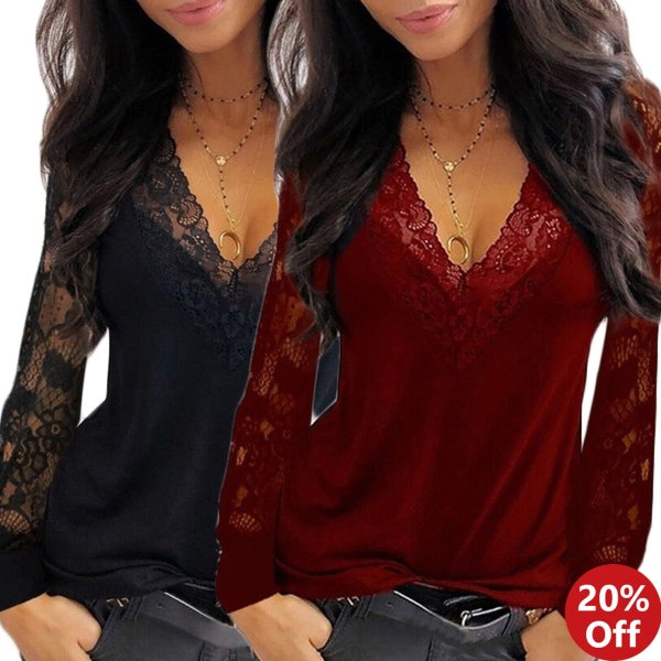 ⭐⭐Women's Sexy Lace V-Neck T Shirt Loose Casual Blouse Long Sleeve Pullover Tops