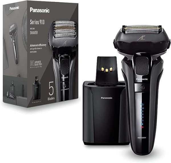 Panasonic 松下 Series 900 高级干湿两用剃须刀 ES-LV9U 5 倍剃须刀头,带执行电动机,包括清洁和充电站,黑色