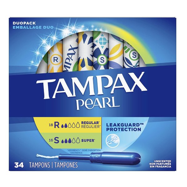 Tampax Pearl Absorbency with Leak Guard Braid Duo Unscented Tampons, Regular/Super, 34 Count