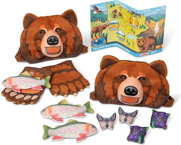 Melissa & Doug Yellowstone National Park Grizzly Bear Games and Pretend Play Set with Plush Bear Heads and Bear Paw Gloves - Kids Animal Activity for Preschoolers, Games for Boys and for Girls Age 3+