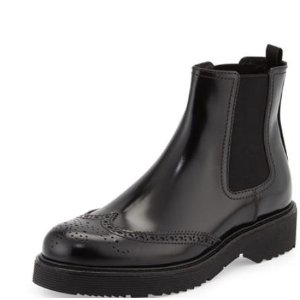 Prada Leather Wing-Tip Chelsea Boot, Black @ Neiman Marcus