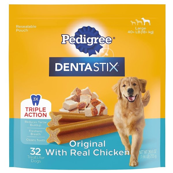 DENTASTIX Large Dog Dental Treats Original Flavor Dental Bones, 1.66 lb. Pack (32 Treats)