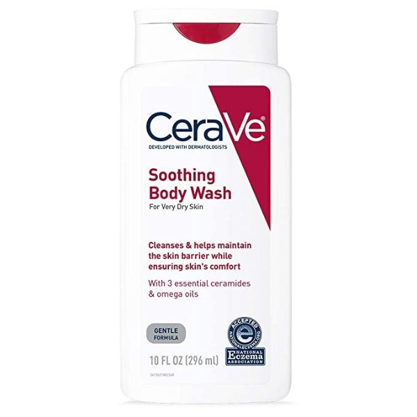 CeraVe Soothing Body Wash | 10 oz | Dry Skin Relief & Eczema Treatment Shower Gel for Itchy Skin | Fragrance Free | Packaging May Vary