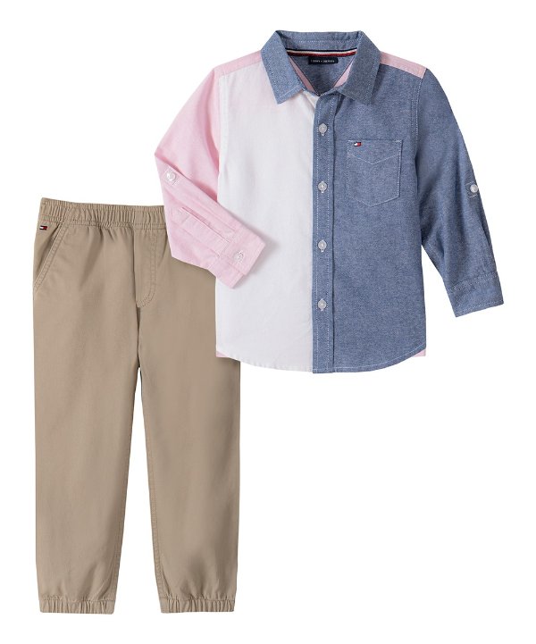 Blue Color Block Button-Up & Tan Pants - Infant & Toddler