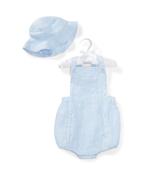 Linen Romper w/ Matching Hat, Blue, Size 6-24 Months