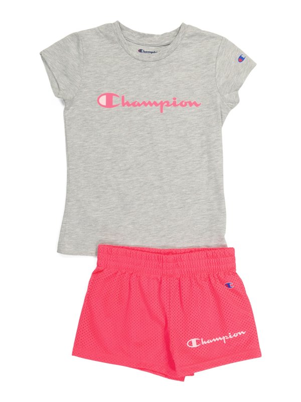 Little Girl Classic Script Tee And Mesh Shorts Set