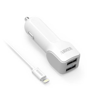 Anker 24W 2-Port Car Charger+ 3ft MFi Lightning Cable (Black Or White)