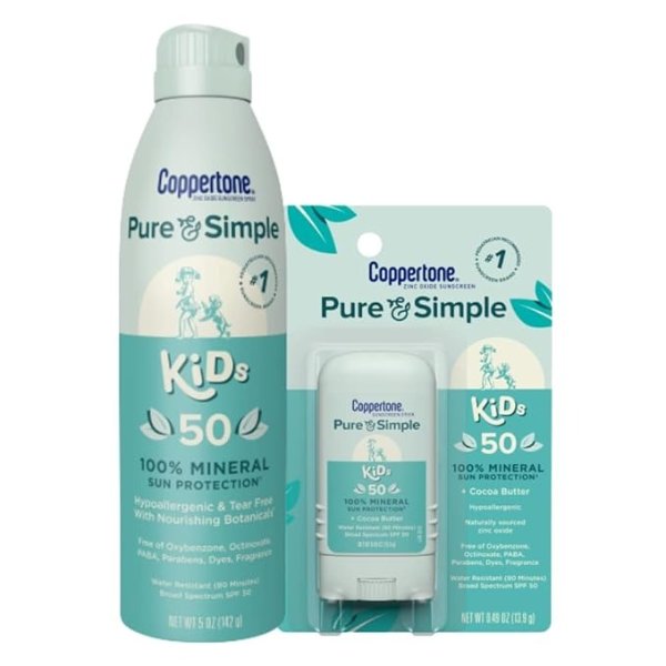 Pure & Simple Kids Sunscreen SPF 50 Multi Pack, Kids Zinc Oxide Mineral Sunscreen Spray & Kids Sunscreen Stick, Sunscreen for Face, (5 oz +.49 oz Bundle)