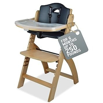 Abiie Beyond Junior Wooden High Chair with Tray. The Perfect Adjustable Baby Highchair Solution for Your Babies and Toddlers or as a Dining Chair. 6 Months up to 250 Lb. Natural Wood/Black Cushion