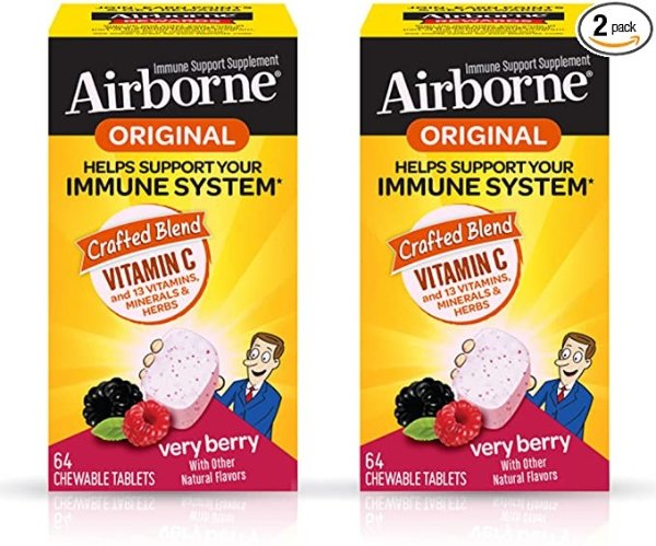 Vitamin C 1000mg (per serving) - Airborne Very Berry Chewable Tablets (64 ct), Gluten-Free Immune Support Supplement With Vitamins A C E, ZINC, Selenium, Echinacea, Ginger (Pack of 2)