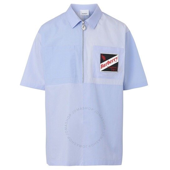 Pale Blue Cotton Short-sleeve Logo Graphic Patchwork Shirt