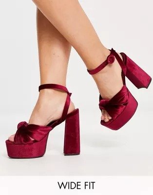 Wide Fit Natia knotted platform heeled sandals in burgundy