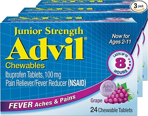Junior Strength Chewable Ibuprofen Pain Reliever and Fever Reducer, Children's Ibuprofen for Pain Relief, Grape - 24 Tablets (Pack of 3)