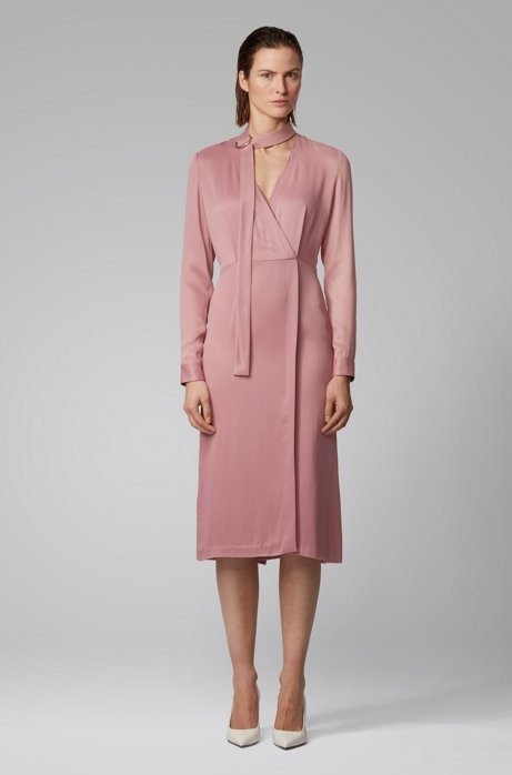 Long-sleeved twill dress with detachable bow tie detail