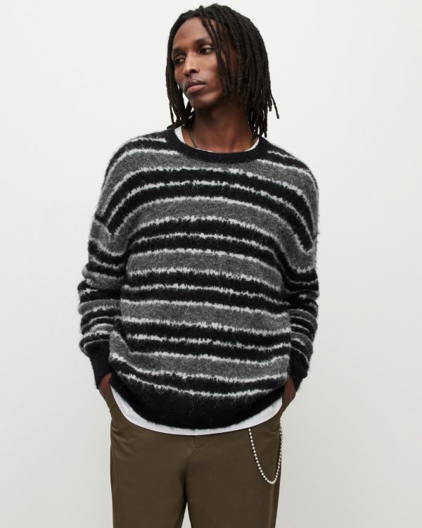 Oskar Striped Crew Sweater Black/Charcoal | ALLSAINTS US