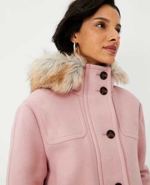 Faux Fur Hooded Wool Blend Duffle Coat | Ann Taylor