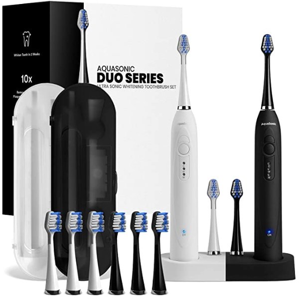 Duo Dual Handle Ultra Whitening 40,000 VPM Wireless Charging Electric ToothBrushes - 3 Modes with Smart Timers - 10 Dupont Brush Heads & 2 Travel Cases Included