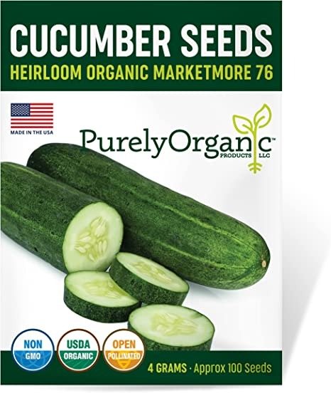 Purely Organic Products Purely Organic Heirloom Cucumber Seeds (Marketmore 76) - Approx 140 Seeds - Certified Organic, Non-GMO, Open Pollinated, Heirloom, USA Origin