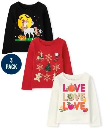 Toddler Girls Long Sleeve Holiday Graphic Tee 3-Pack | The Children's Place - MULTI CLR