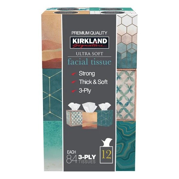 Kirkland Signature Ultra Soft Facial Tissue, 3-Ply, Upright Box, 84 Tissues, 12 ct