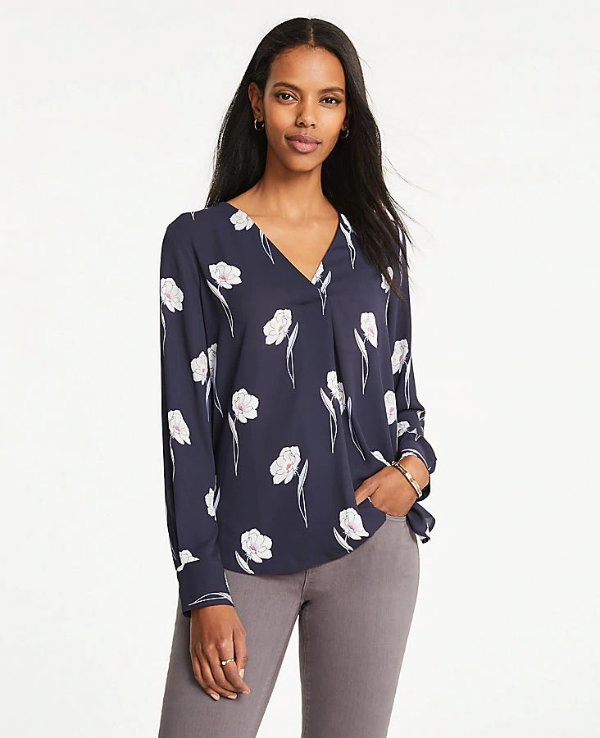 Floral Mixed Media Pleat Front Top | Ann Taylor