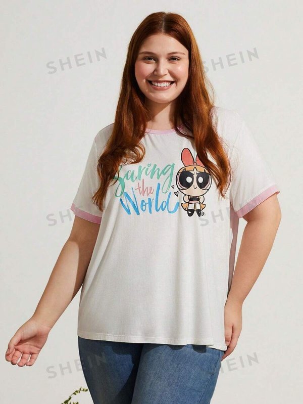 Warner Bros Earth Day X SHEIN Plus Cartoon And Letter Graphic Ringer Tee | SHEIN USA