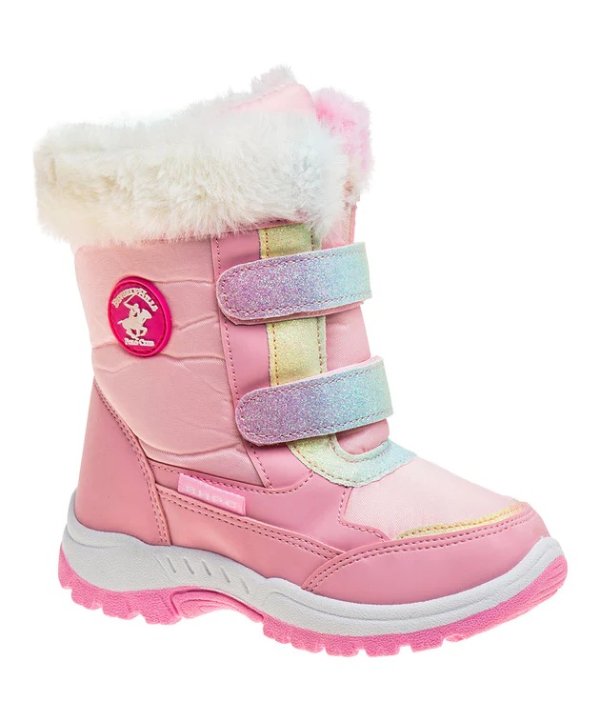 Pink & White Glitter-Strap Fleece-Cuff Duck Boots - Girls