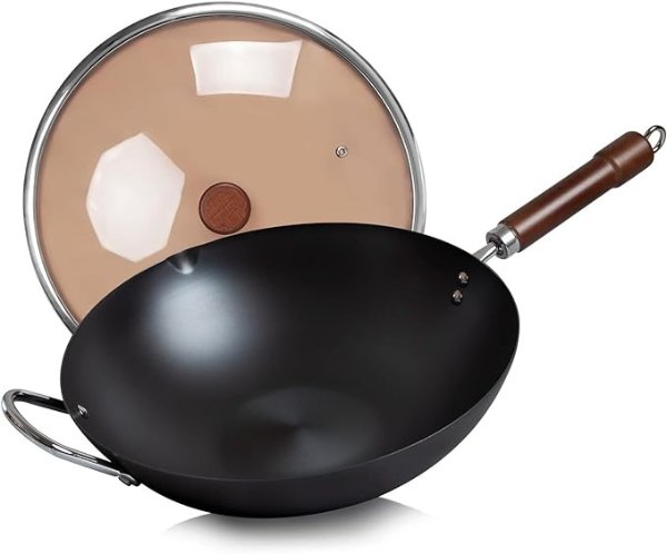 WANGYUANJI Carbon Steel Wok Pan,12.59" Woks and Stir Fry Pans with Glass Lid