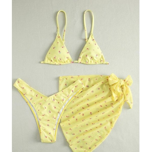 Ditsy Floral Bikini Set Triangle Bra & High Cut Bottom & Beach Skirt 3 Piece Bathing Suit