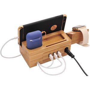 BoxThink Charging Station Apple Watch Airpods Charger Stand iphone Charging Dock Cable Management Wood Charging Station with 3 USB Ports Compatible with AirPods/Apple Watch Series3/2/1/iPhone