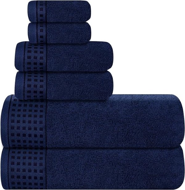 100% Cotton Ultra Soft 6 Pack Towel Set, Contains 2 Bath Towels 28x55 Inches, 2 Hand Towels 16x24 Inches & 2 Wash Coths 12x12 Inches, Compact Absorbent Lightweight & Quickdry - Navy Blue