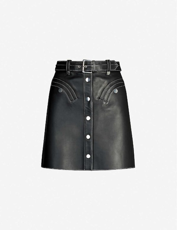 Popper-front leather mini skirt