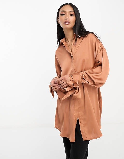 ASOS DESIGN oversized satin shirt with tie cuff detail in soft brown
