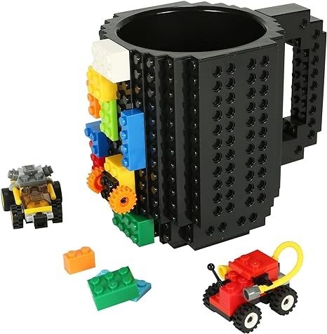 Build-on Brick Coffee Mug, Funny DIY Novelty Cup with Building Blocks Creative for Kids Men Women Xmas Birthday (Cool Black)