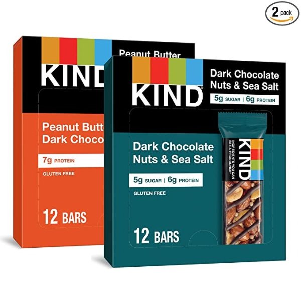 Nut Bars Dark Chocolate Variety Count, 1.4 Ounce, 24 Count, Dark Chocolate Nuts and Sea Salt, Peanut Butter Dark Chocolate