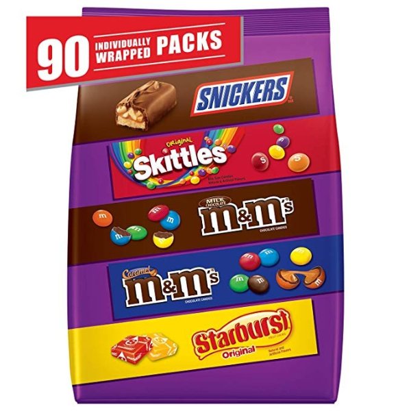 Snickers, M&M'S Milk Chocolate, M&M'S Caramel, Skittles & Starburst Halloween Candy Variety Mix, 45.69-Ounce Bag, 90 Pieces