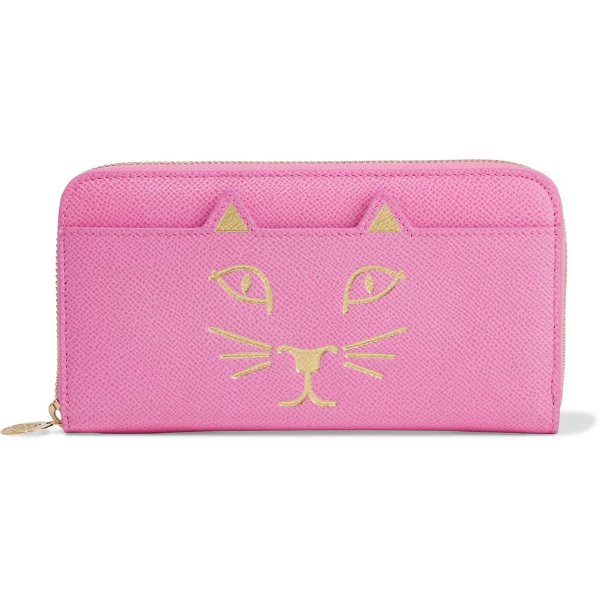 Feline printed textured-leather continental wallet