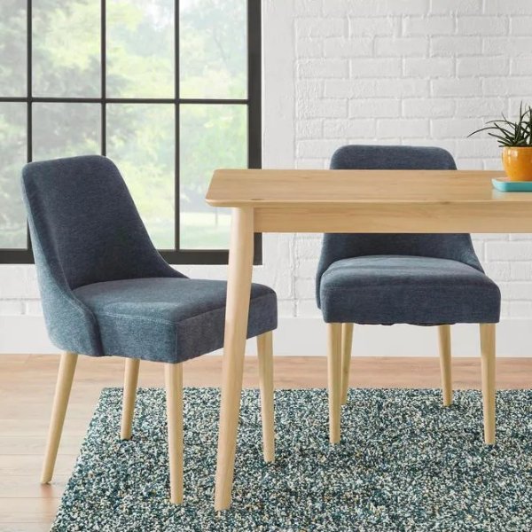 Benfield Natural Wood Upholstered Dining Chair with Charleston Blue Seat (Set of 2) (20.6 in. W x 32 in. H)