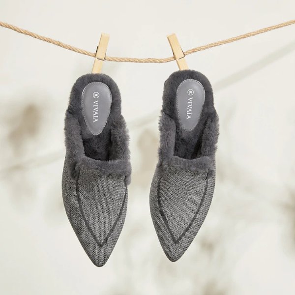 Pointed-Toe Heeled Fluffy Mules