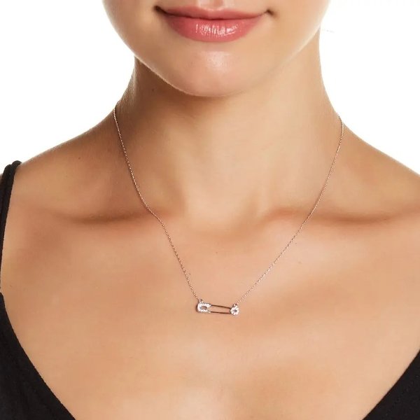 Sterling Silver Swarovski Crystal Accented Safety Pin Necklace