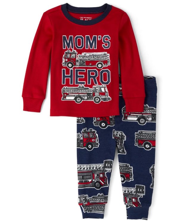 Baby And Toddler Boys Long Sleeve 'Mom's Hero' Fire Truck Snug Fit Cotton Pajamas