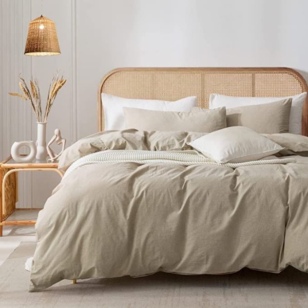Queen Duvet Cover Set - 100% Washed Cotton Super Soft Shabby Chic Durable 3 Pieces Home Bedding Set with Zipper Closure, Beige 90x90 inches