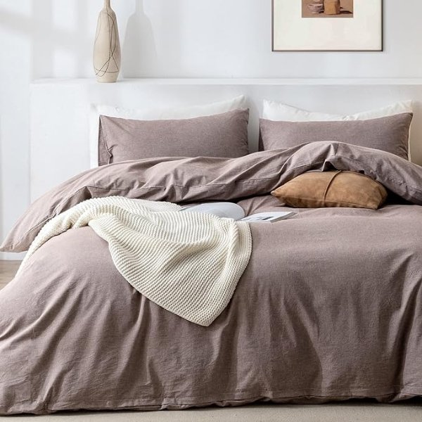 King Duvet Cover Set- 100% Washed Cotton 3 Pcs Soft Comfy Breathable Chic Linen Feel Bedding, 1 Duvet Cover and 2 Pillow Shams, Mauve Brown